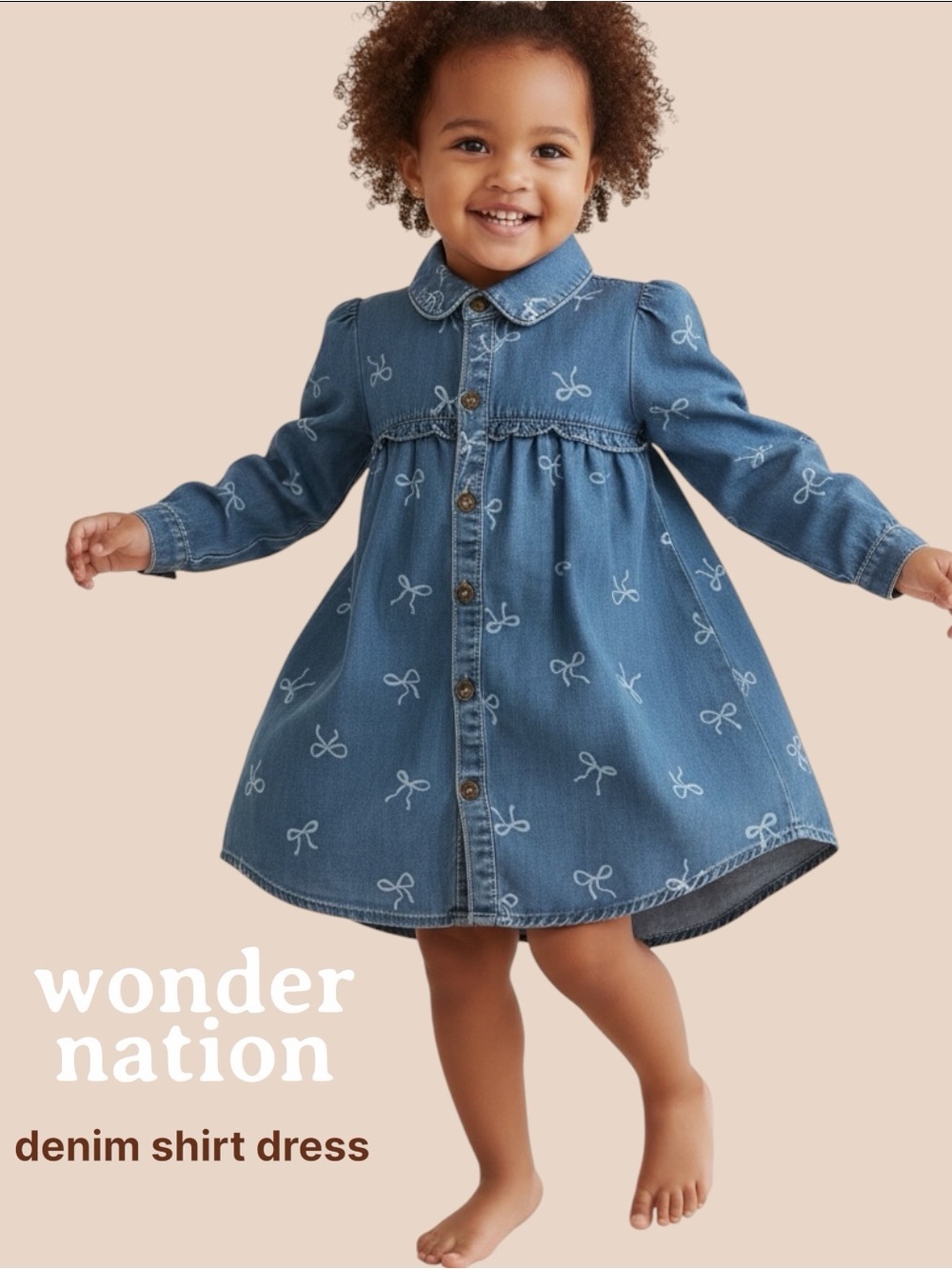 Wonder Nation Denim Long Sleeve Bow Print Dress w/ buttons, toddler girl size 4T